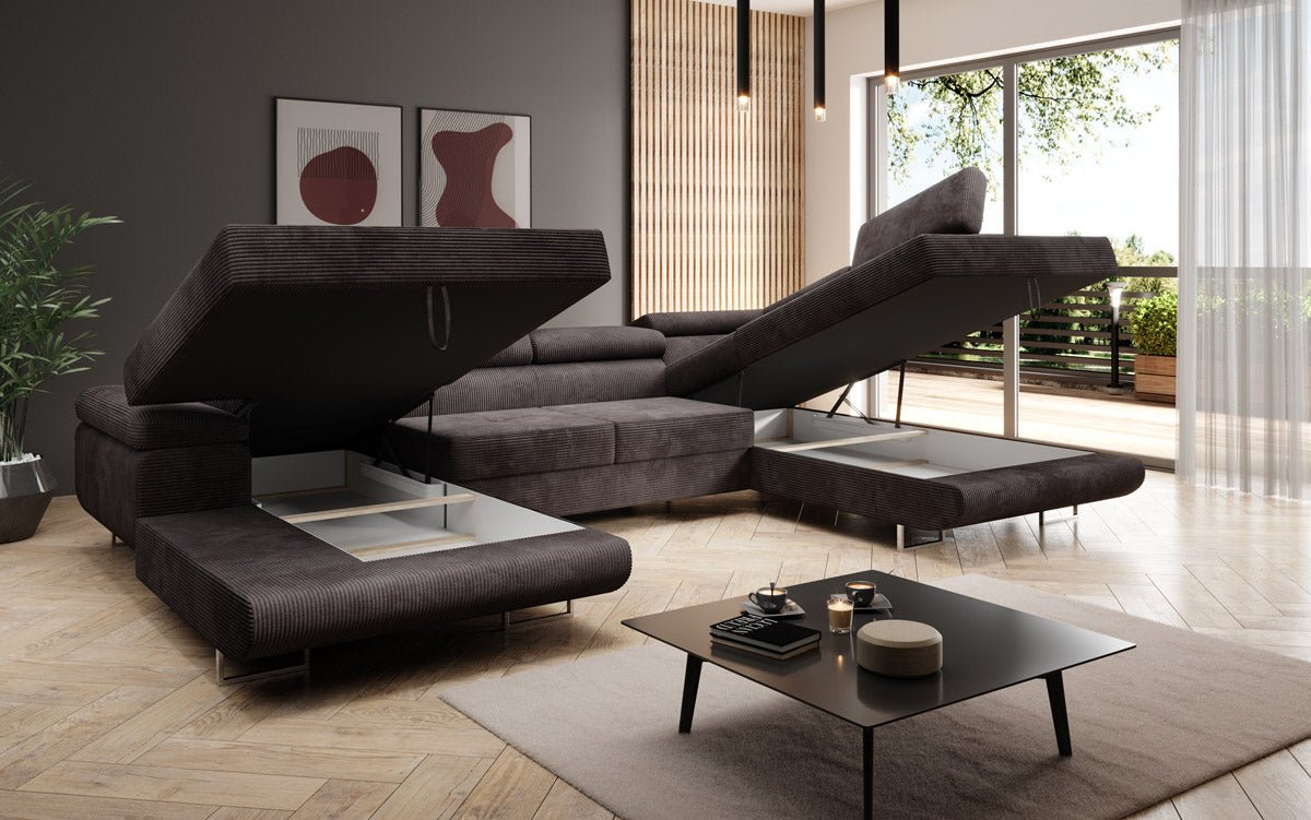 Designer Sofa Lago with sleeping and folding function in corduroy