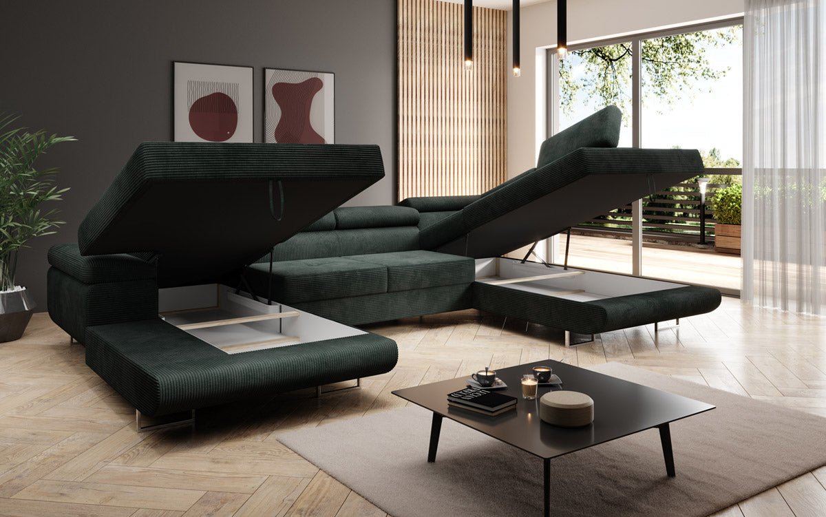 Designer Sofa Lago with sleeping and folding function in corduroy