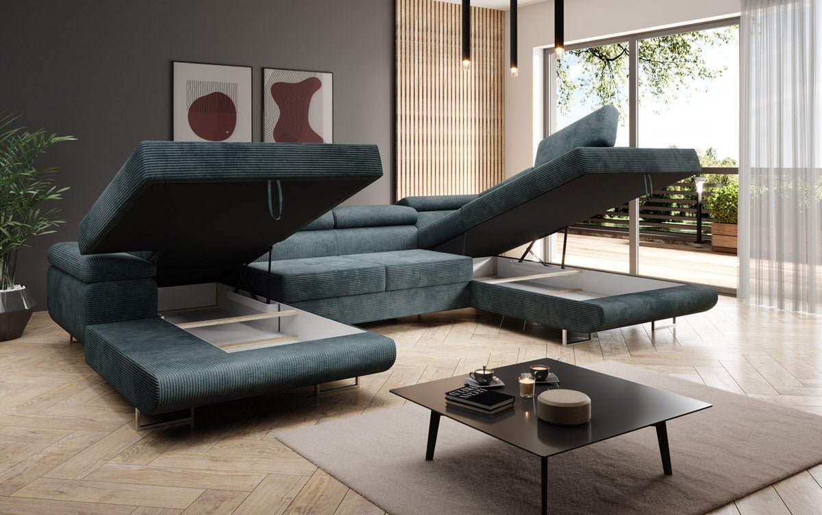 Designer Sofa Lago with sleeping and folding function in corduroy