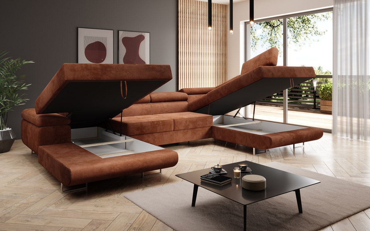 Designer Sofa Lago with sleeping and folding function in corduroy