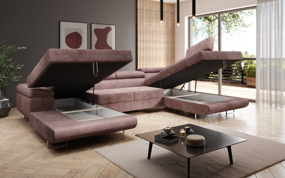 Designer Sofa Lago with sleeping and folding function in corduroy