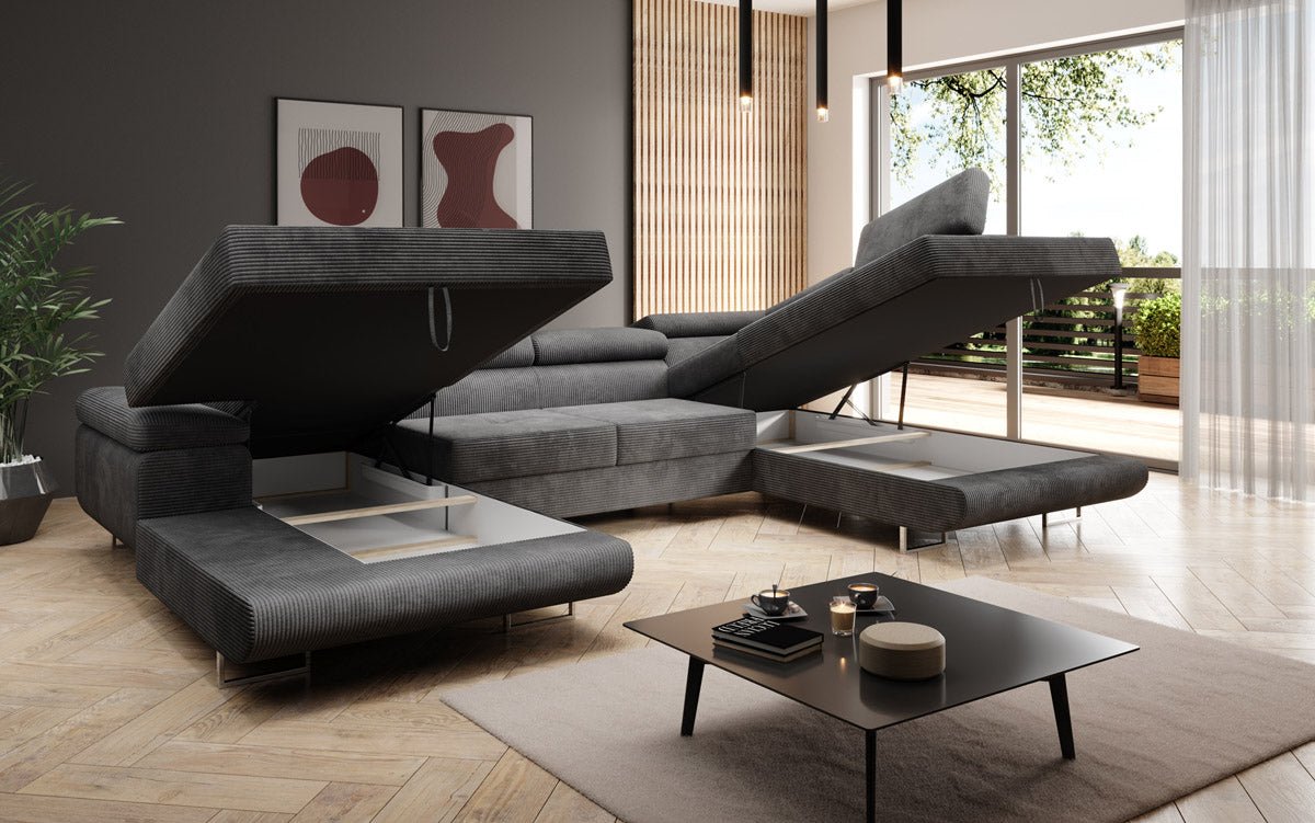 Designer Sofa Lago with sleeping and folding function in corduroy