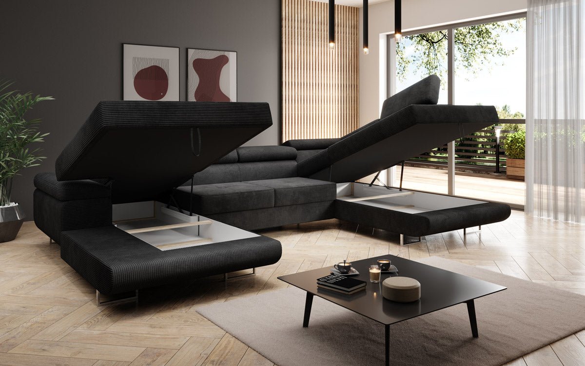 Designer Sofa Lago with sleeping and folding function in corduroy