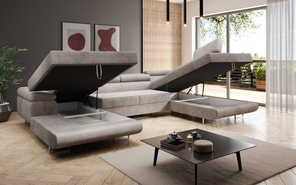Designer Sofa Lago with sleeping and folding function in corduroy