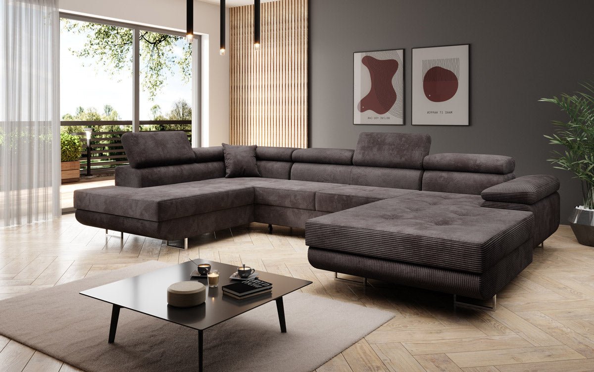 Designer Sofa Lago with sleeping and folding function in corduroy