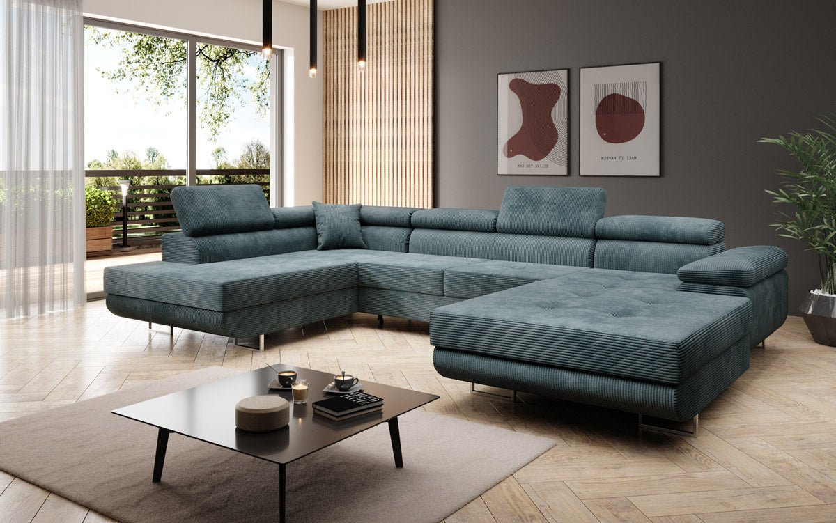 Designer Sofa Lago with sleeping and folding function in corduroy