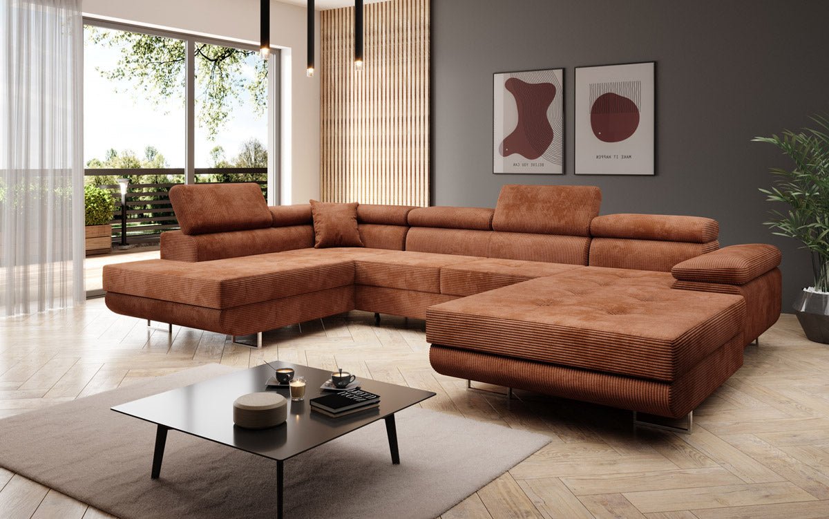 Designer Sofa Lago with sleeping and folding function in corduroy