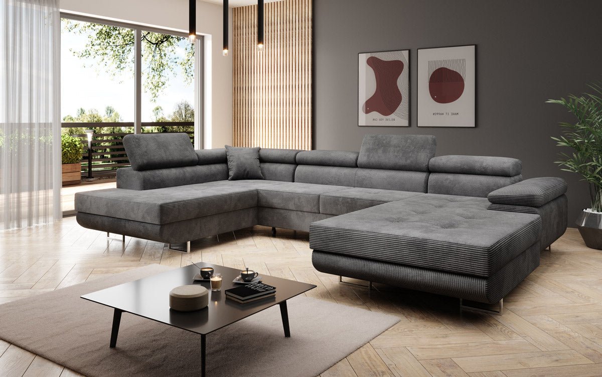Designer Sofa Lago with sleeping and folding function in corduroy