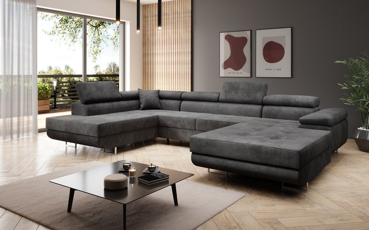 Designer Sofa Lago with sleeping and folding function in corduroy