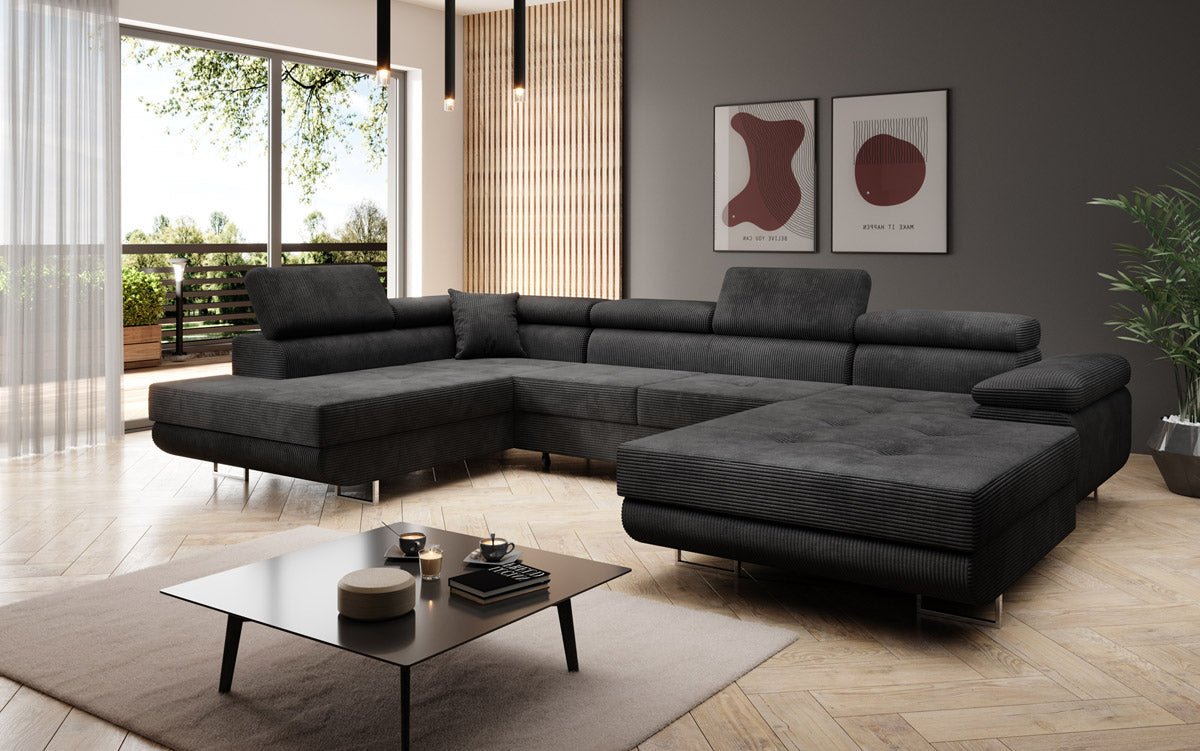 Designer Sofa Lago with sleeping and folding function in corduroy