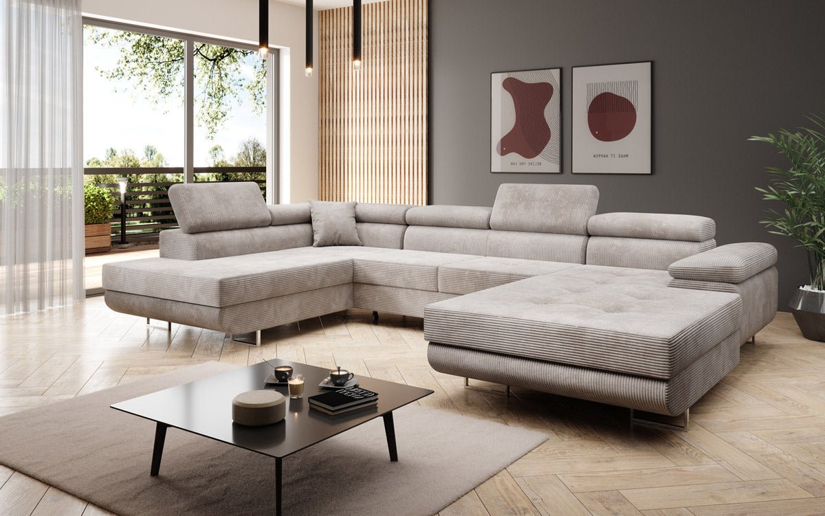 Designer Sofa Lago with sleeping and folding function in corduroy