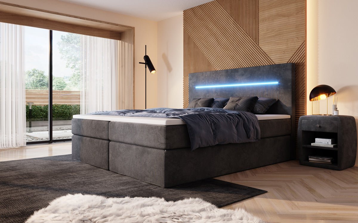 Sejour Boxspring Bed with LED and Storage in Corduroy