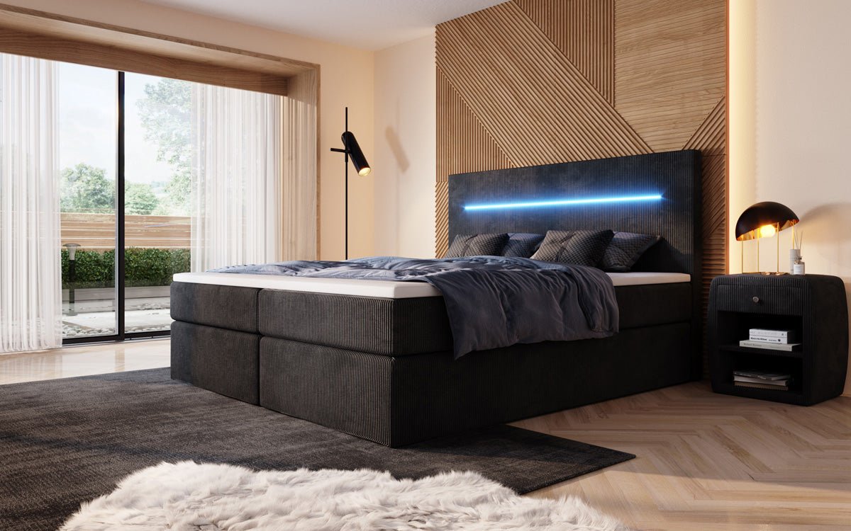 Sejour Boxspring Bed with LED and Storage in Corduroy