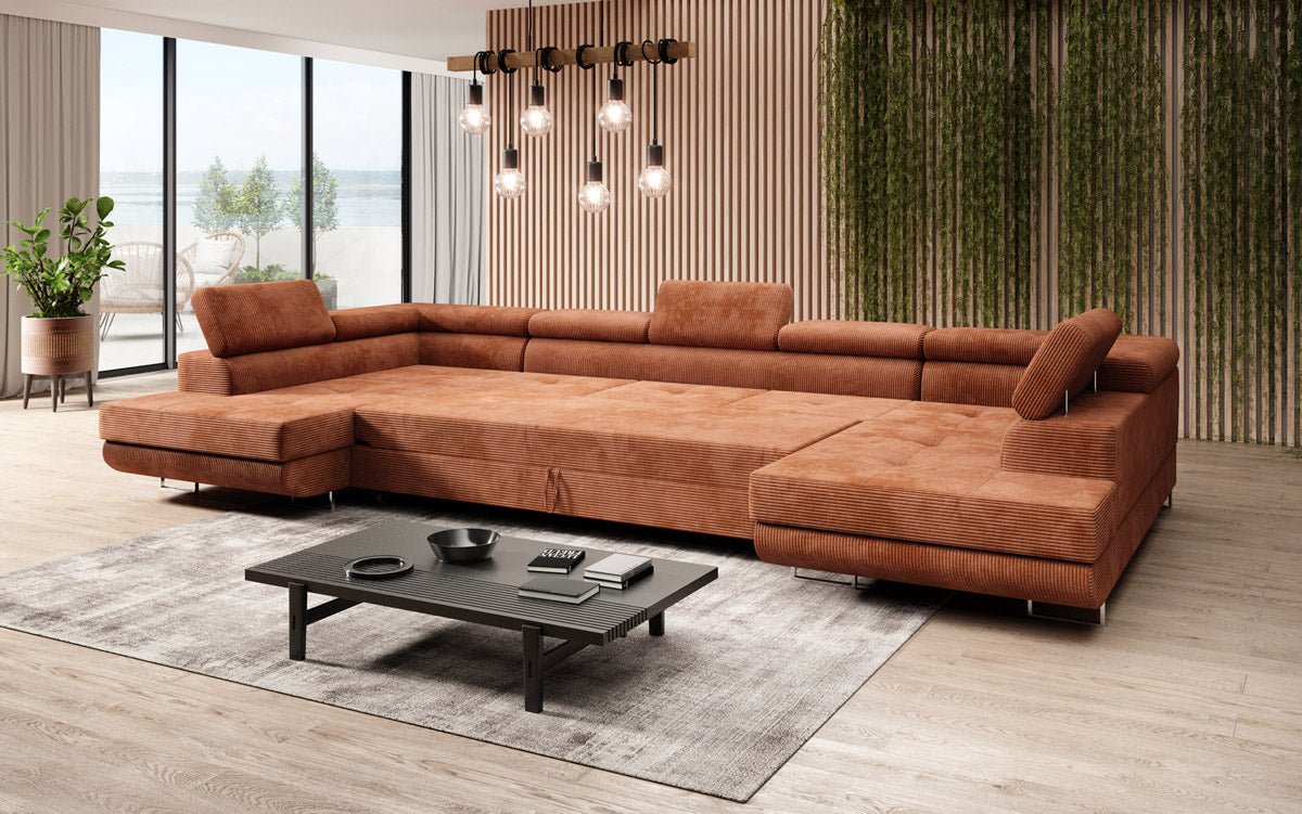 Designer Sofa Taormina with Sleeping and Folding Function in Corduroy
