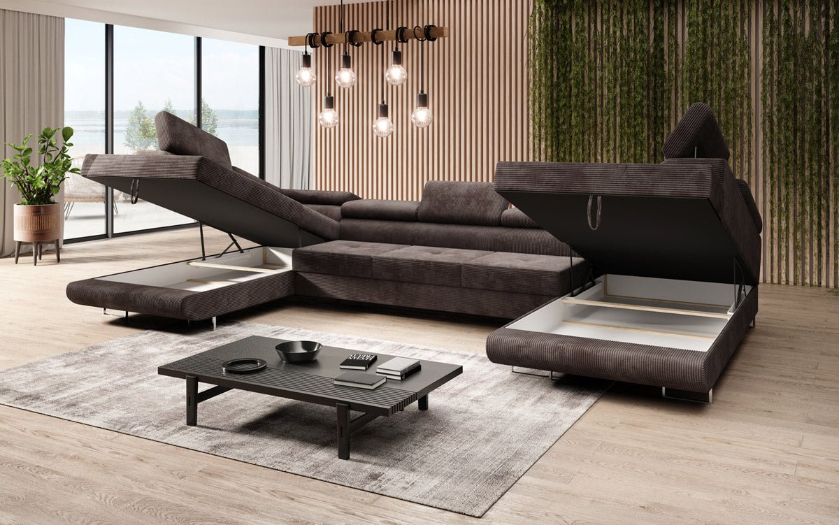 Designer Sofa Taormina with Sleeping and Folding Function in Corduroy