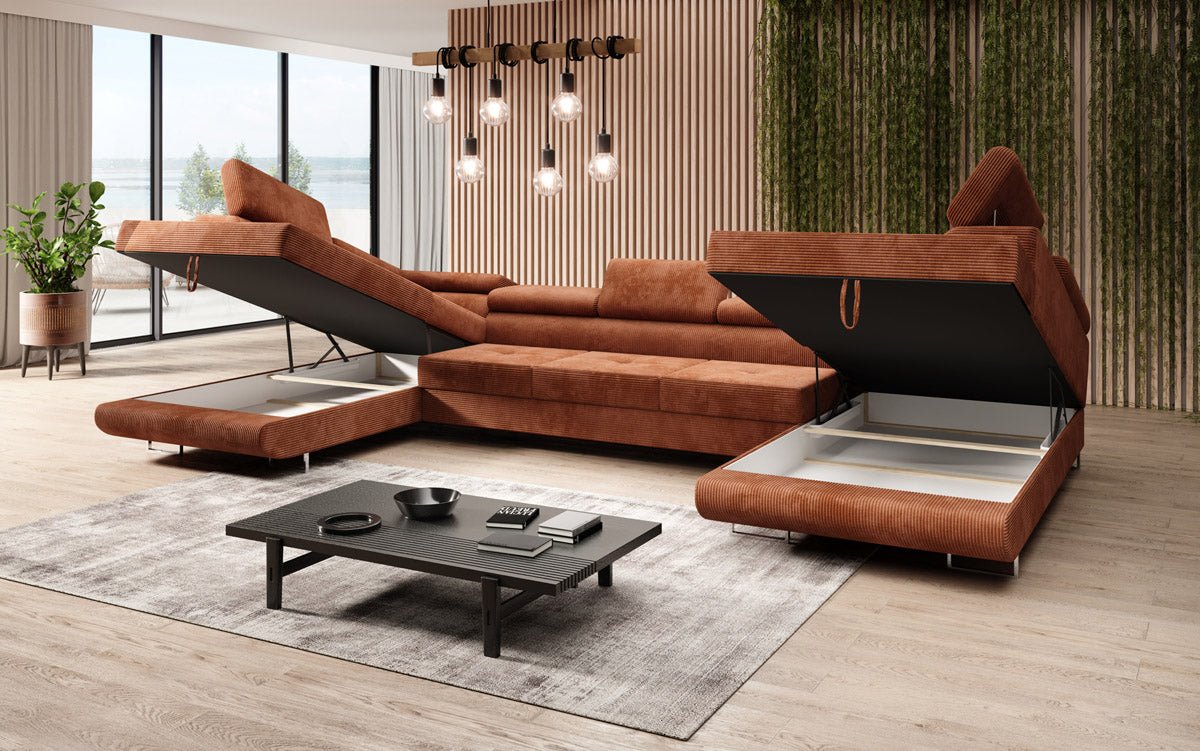Designer Sofa Taormina with Sleeping and Folding Function in Corduroy