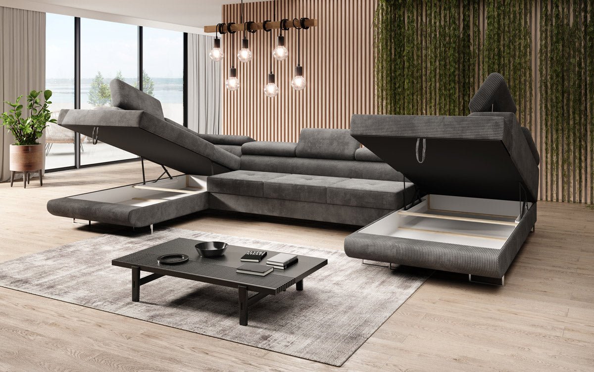 Designer Sofa Taormina with Sleeping and Folding Function in Corduroy