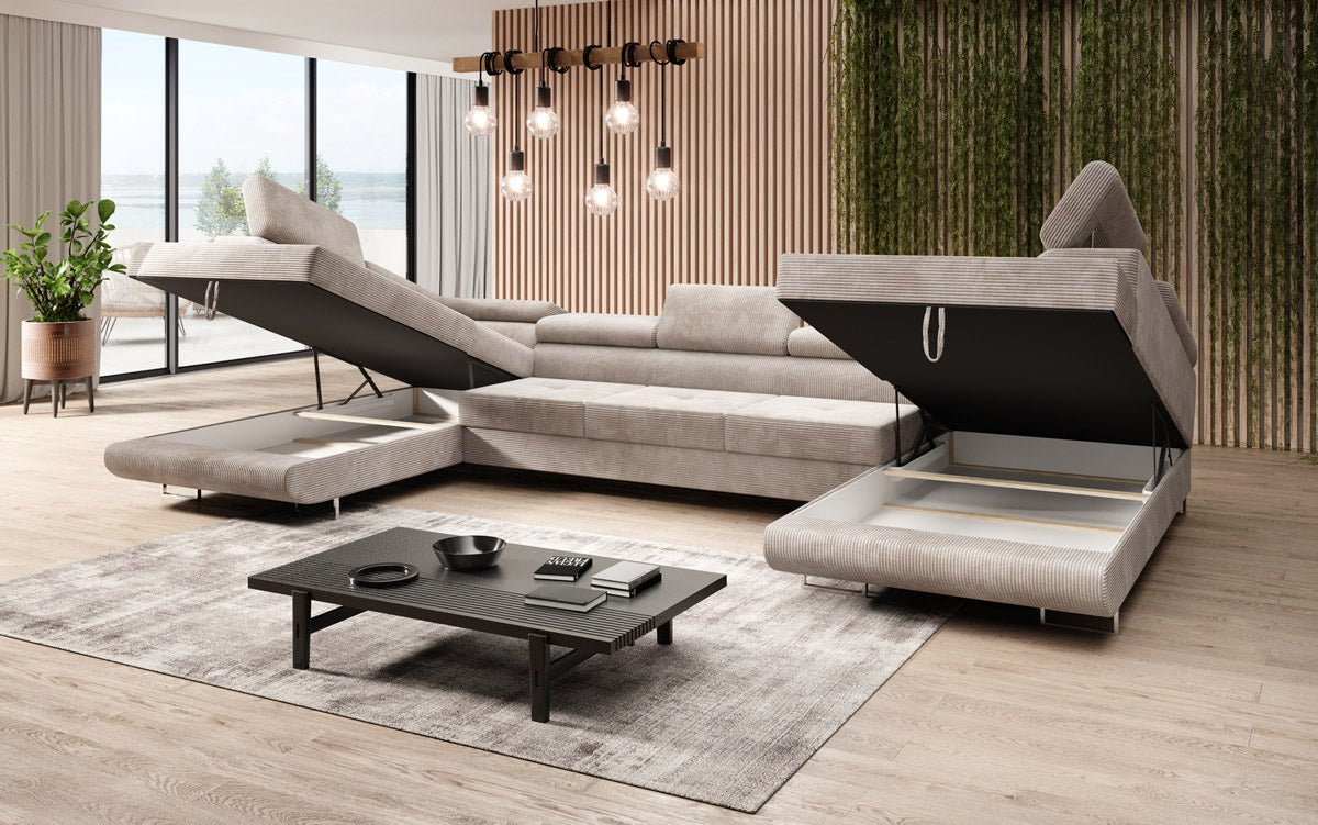 Designer Sofa Taormina with Sleeping and Folding Function in Corduroy