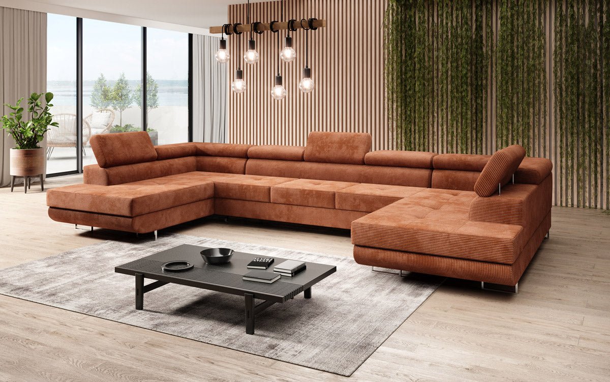 Designer Sofa Taormina with Sleeping and Folding Function in Corduroy