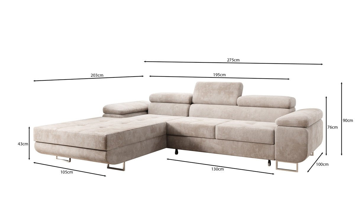 Designer sofa Calvera with sleep and folding function in Corduroy