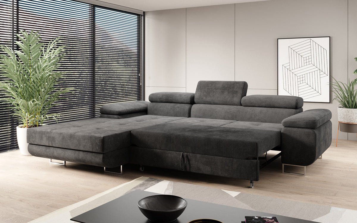 Designer sofa Calvera with sleep and folding function in Corduroy