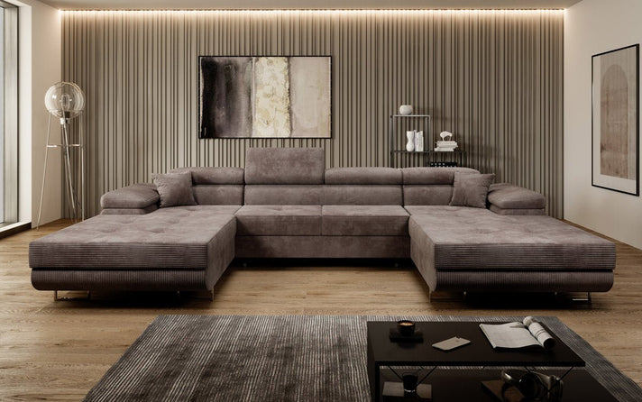 Designer Sofa Calvera U with Sleeping and Folding Function in Corduroy