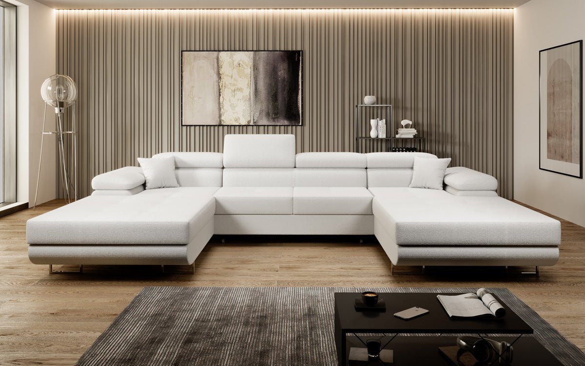Designer Sofa Calvera U with Sleeping and Folding Function in Bouclé