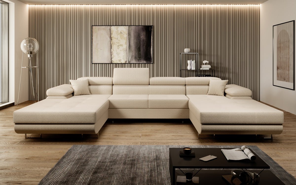 Designer Sofa Calvera U with Sleeping and Folding Function in Bouclé
