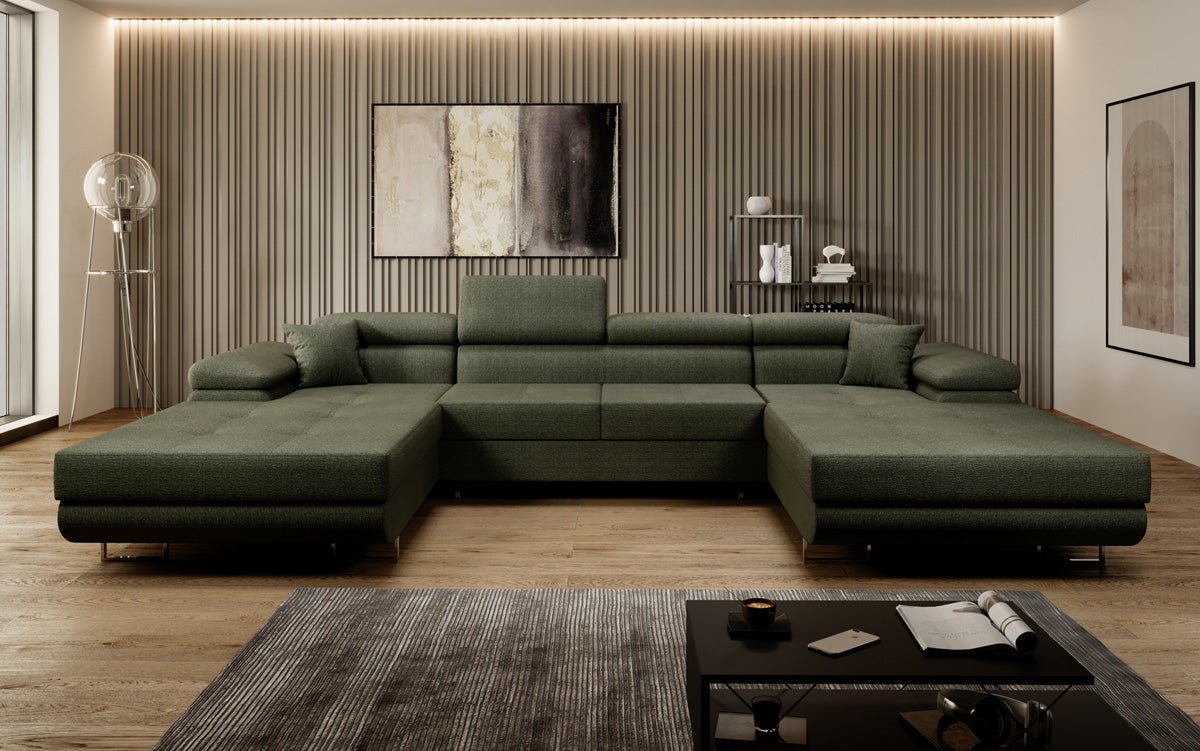 Designer Sofa Calvera U with Sleeping and Folding Function in Bouclé