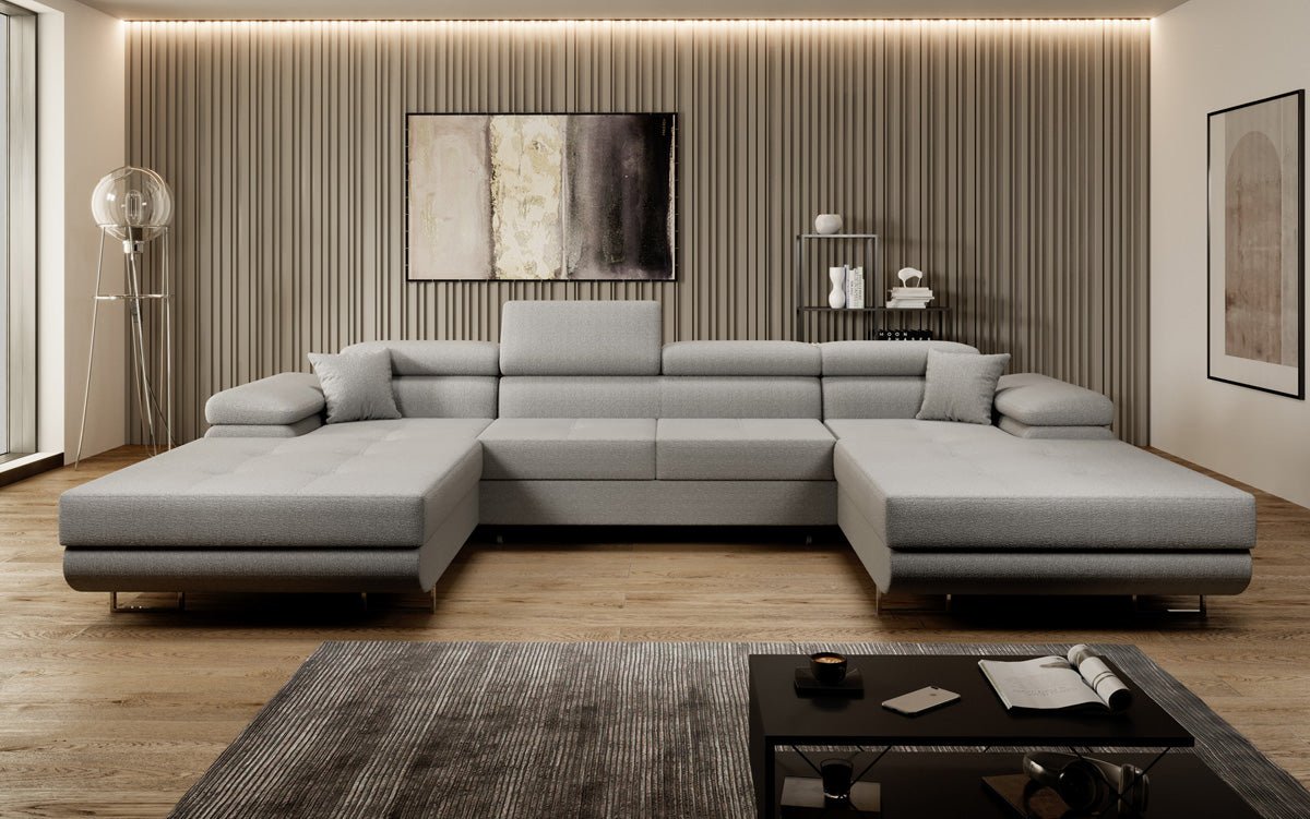 Designer Sofa Calvera U with Sleeping and Folding Function in Bouclé