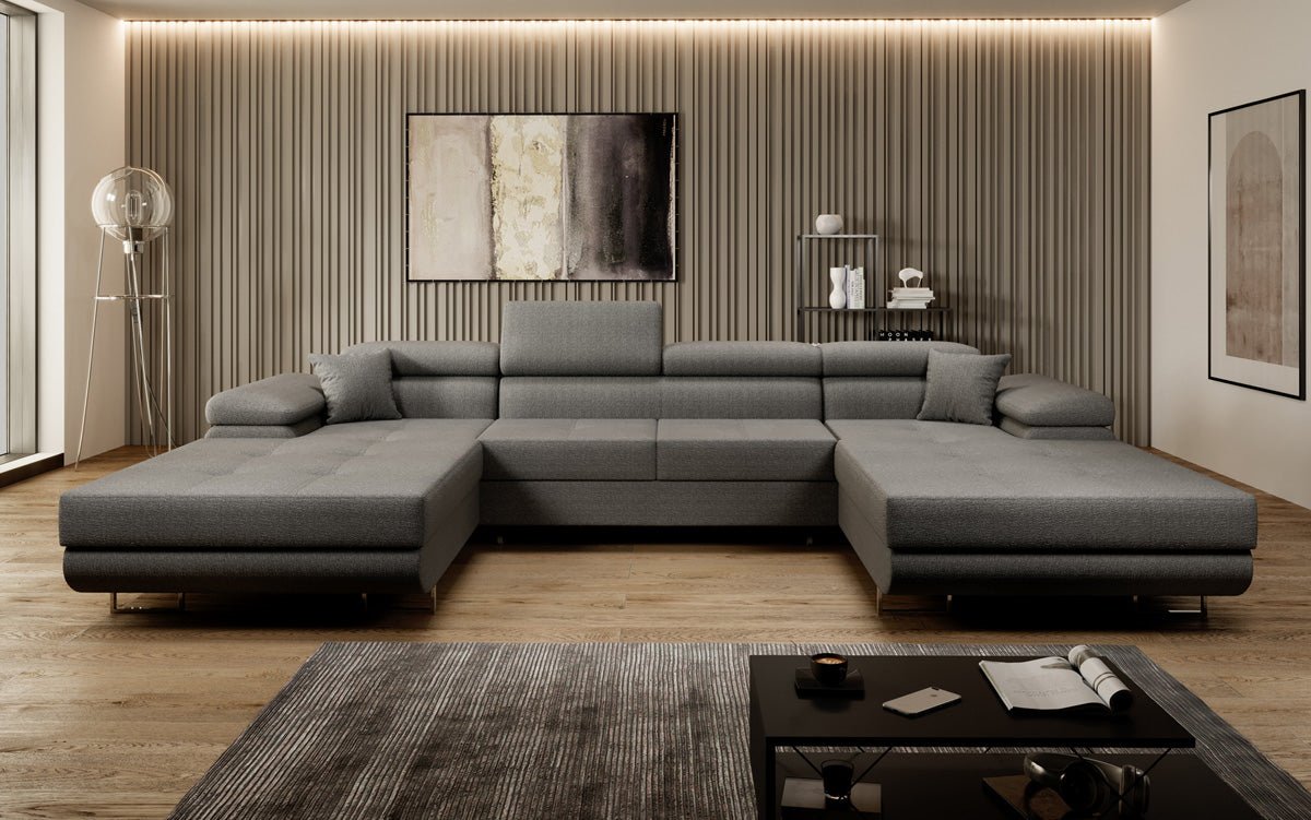 Designer Sofa Calvera U with Sleeping and Folding Function in Bouclé