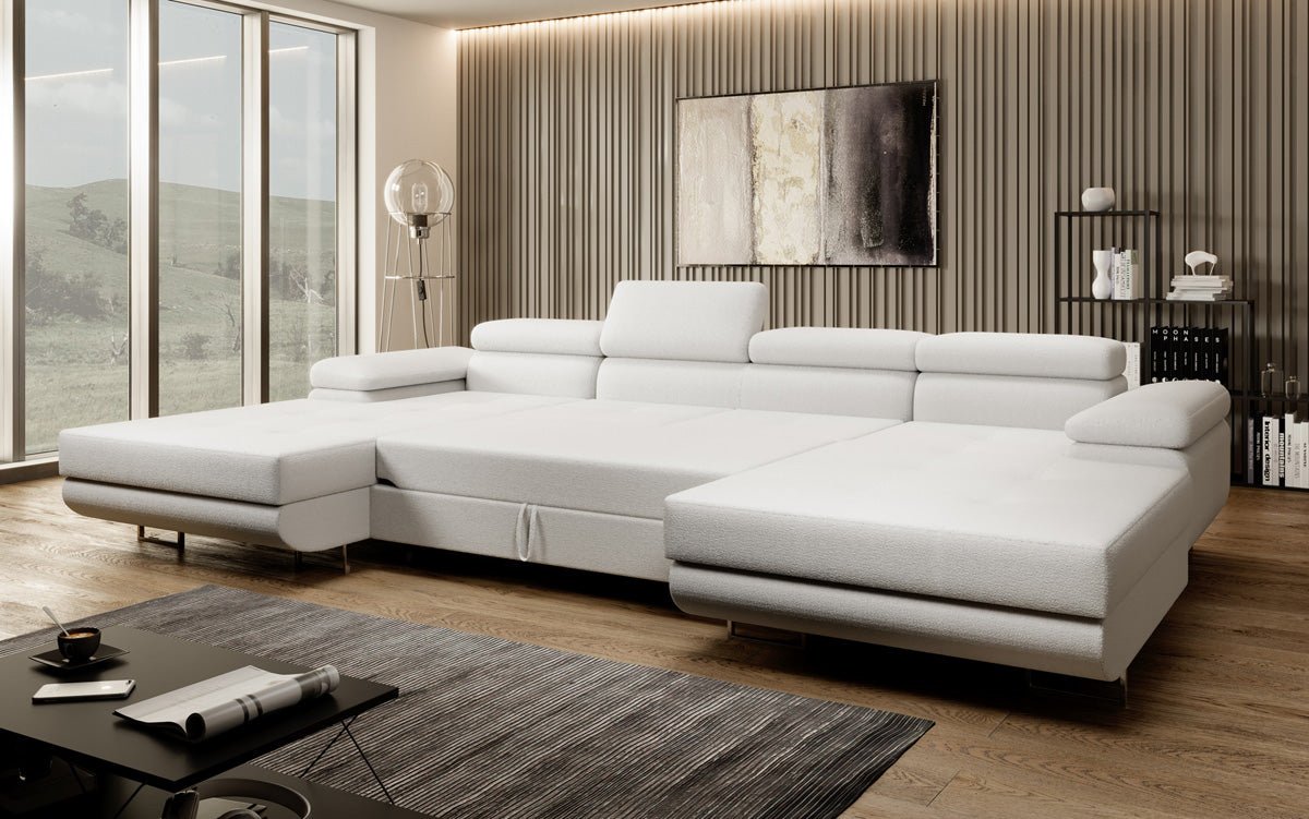 Designer Sofa Calvera U with Sleeping and Folding Function in Bouclé