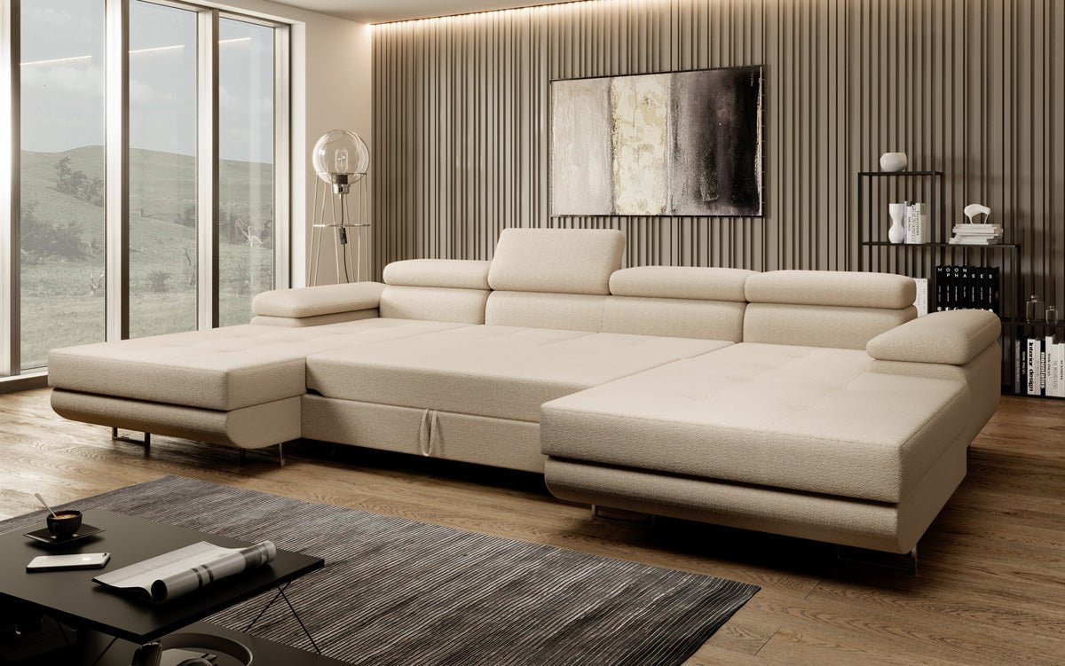 Designer Sofa Calvera U with Sleeping and Folding Function in Bouclé