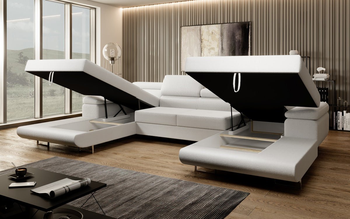 Designer Sofa Calvera U with Sleeping and Folding Function in Bouclé