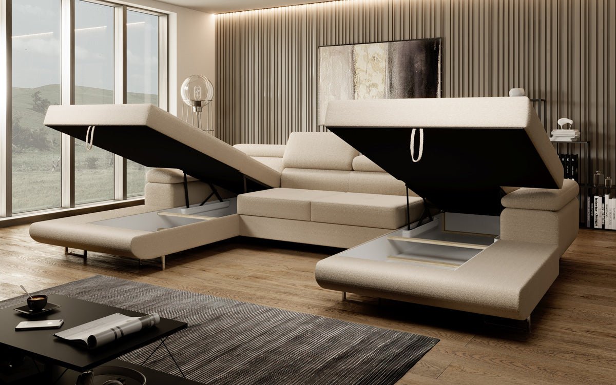 Designer Sofa Calvera U with Sleeping and Folding Function in Bouclé