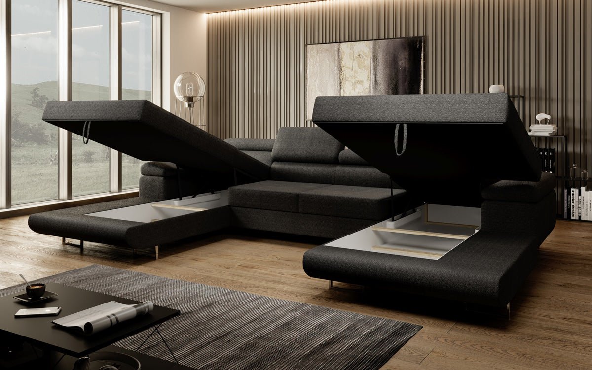Designer Sofa Calvera U with Sleeping and Folding Function in Bouclé