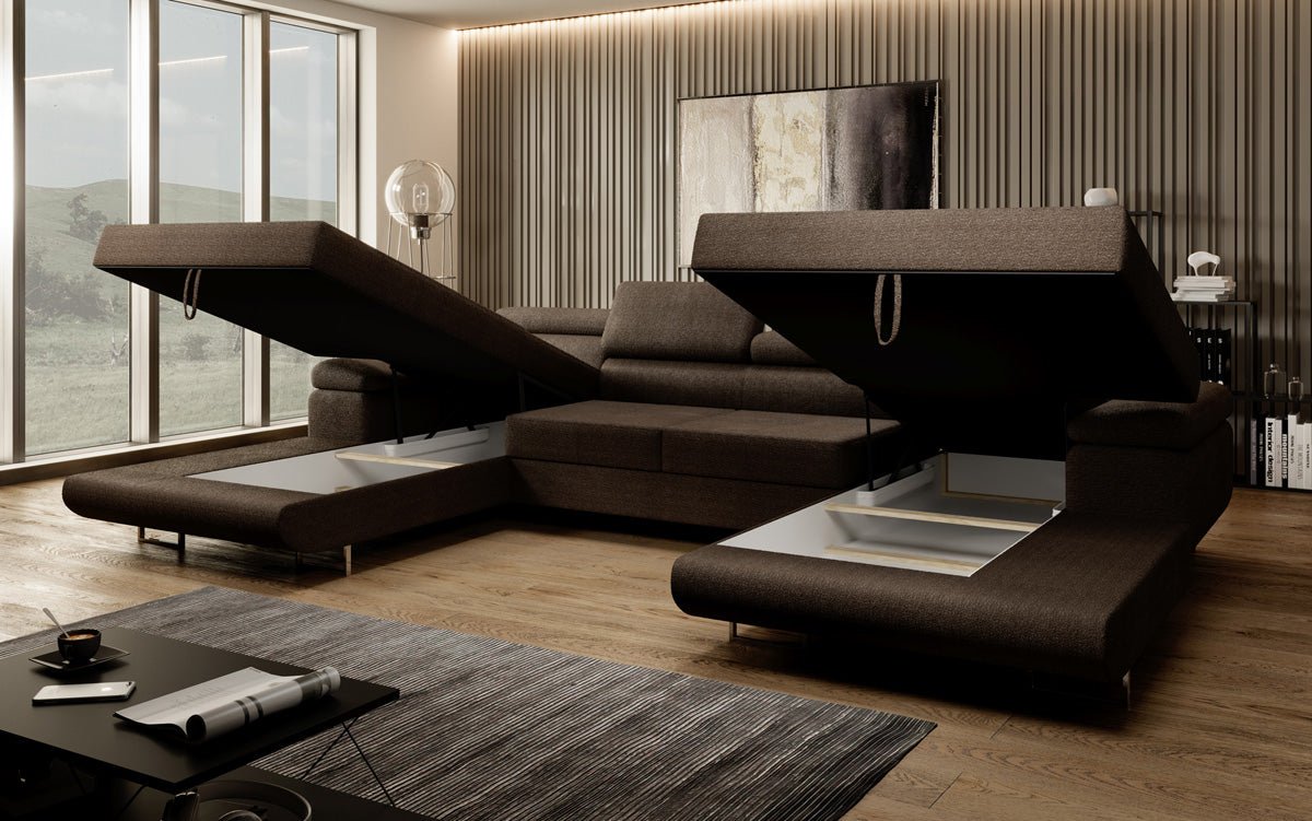 Designer Sofa Calvera U with Sleeping and Folding Function in Bouclé
