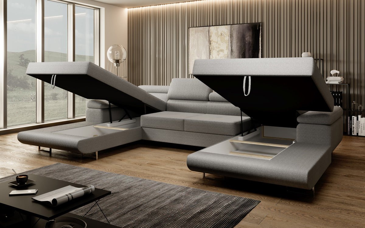 Designer Sofa Calvera U with Sleeping and Folding Function in Bouclé
