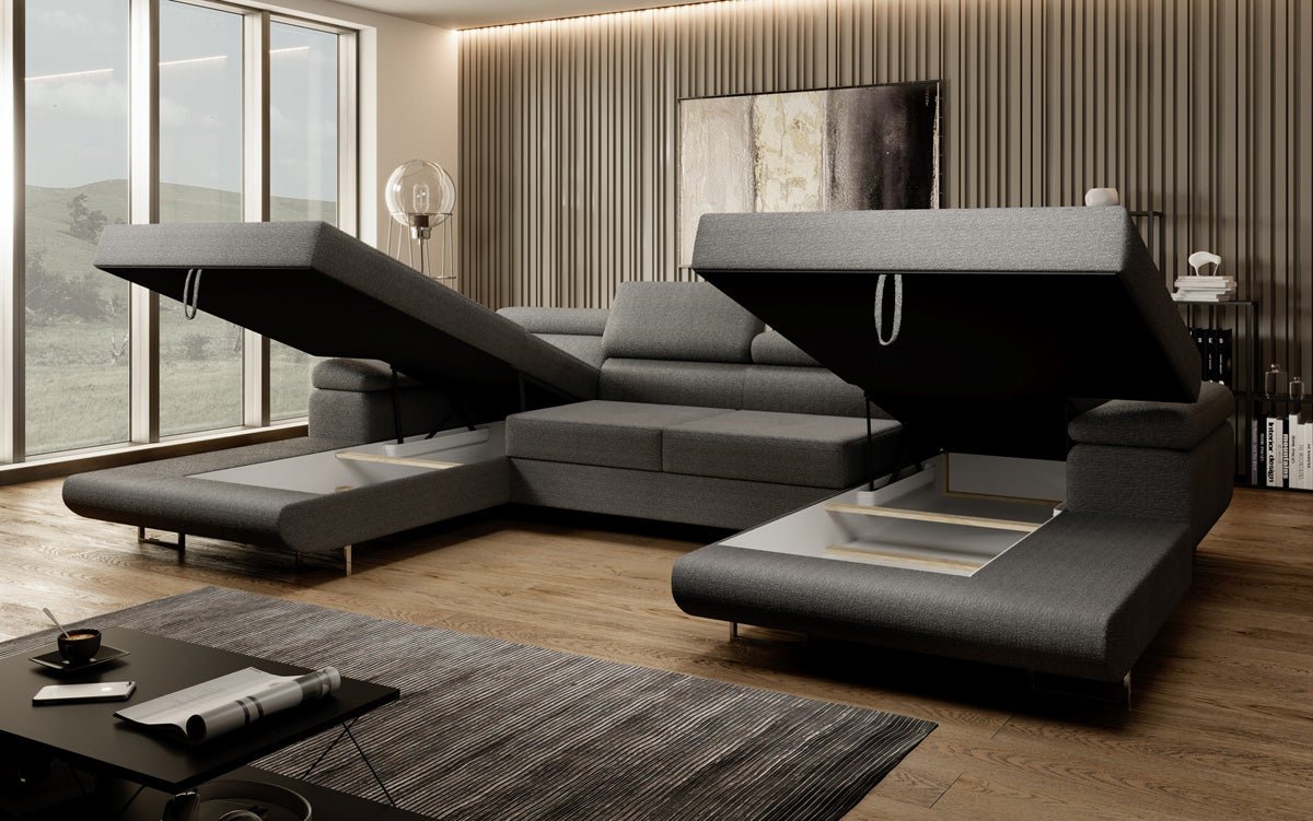 Designer Sofa Calvera U with Sleeping and Folding Function in Bouclé