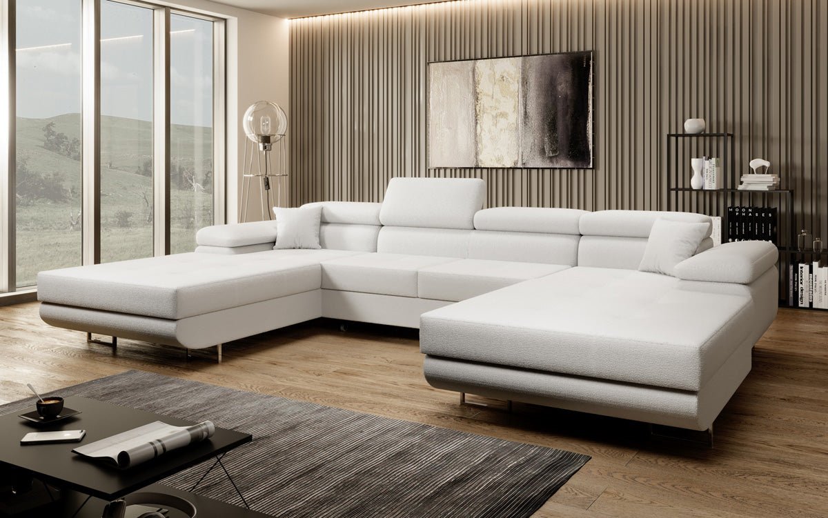 Designer Sofa Calvera U with Sleeping and Folding Function in Bouclé