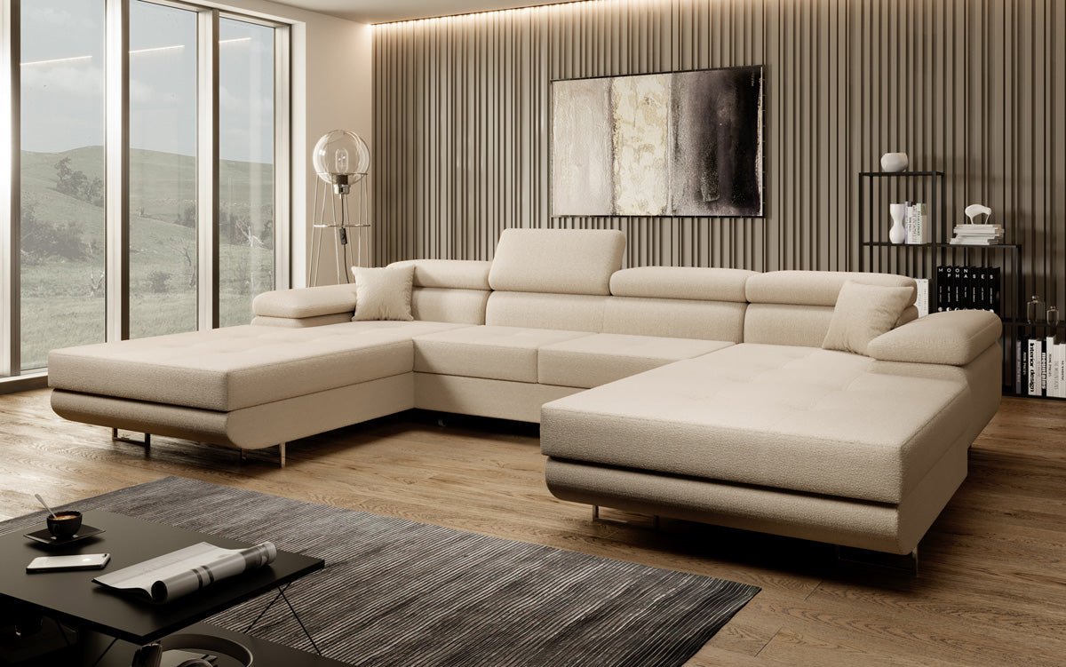 Designer Sofa Calvera U with Sleeping and Folding Function in Bouclé
