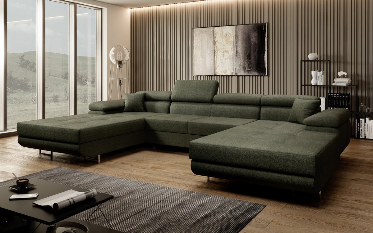 Designer Sofa Calvera U with Sleeping and Folding Function in Bouclé