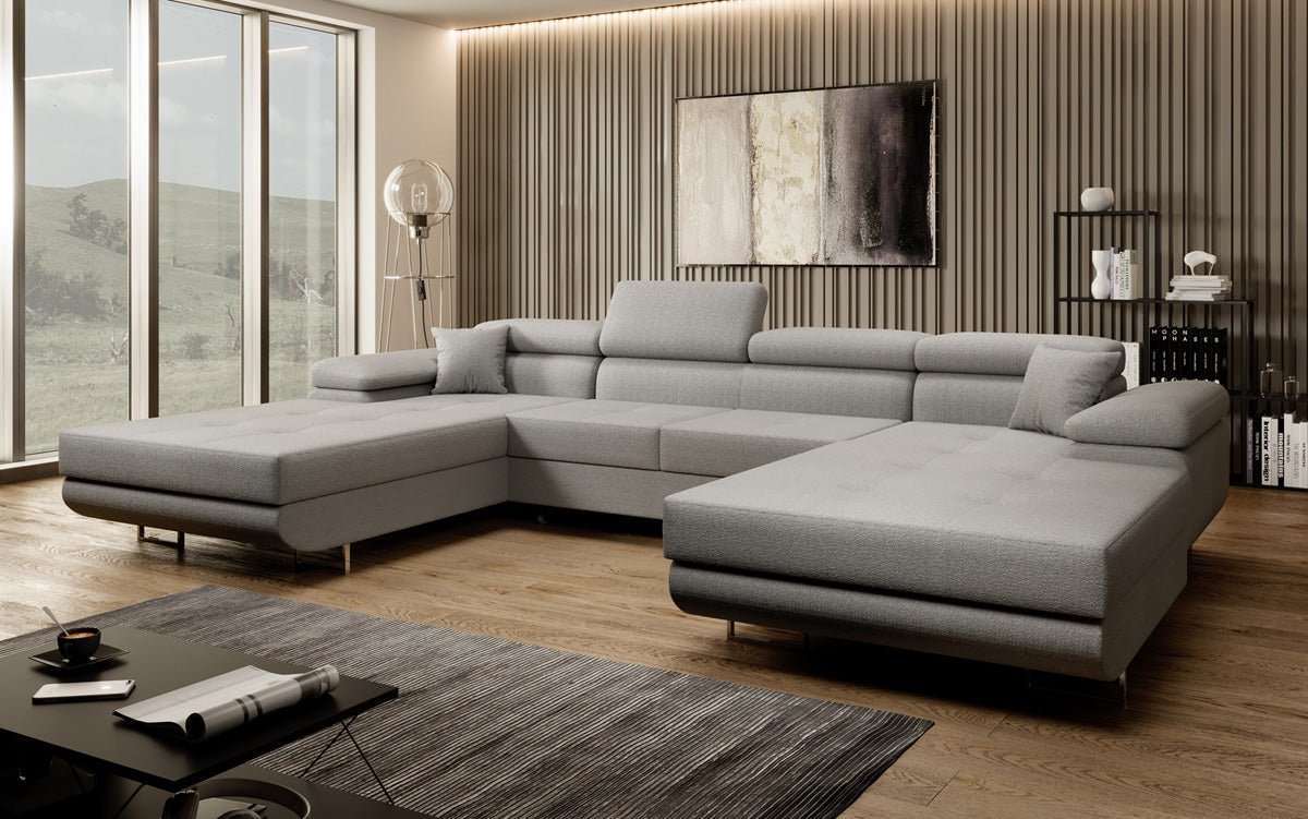 Designer Sofa Calvera U with Sleeping and Folding Function in Bouclé