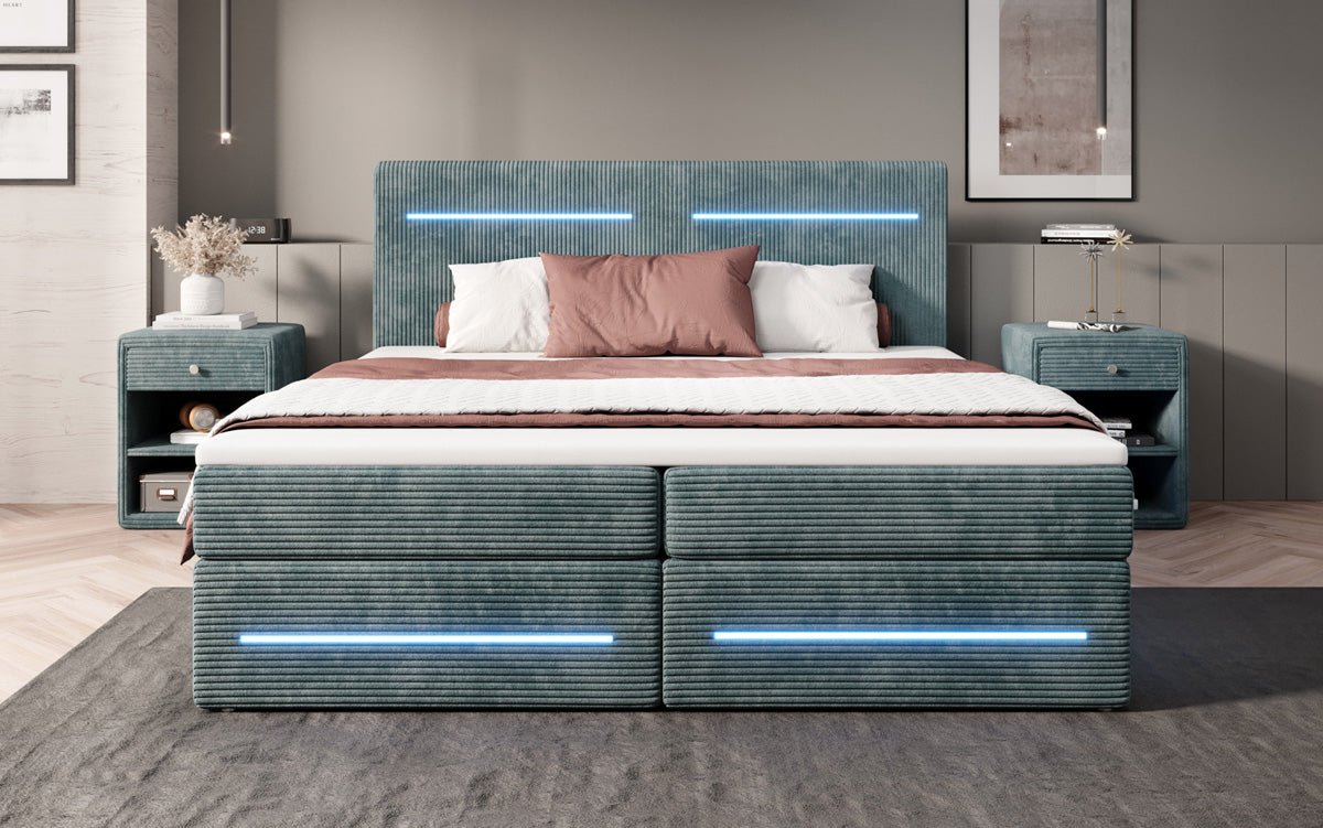Boxspring bed Lara with storage and LED in corduroy