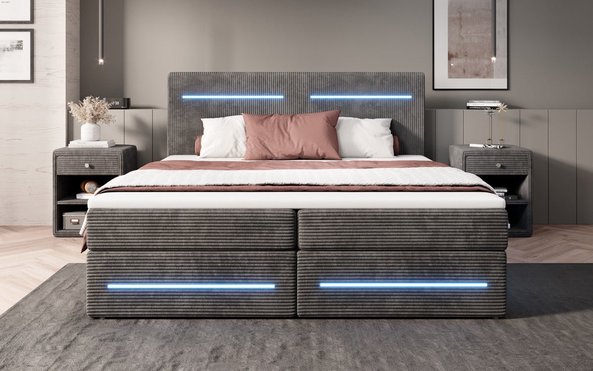 Boxspring bed Lara with storage and LED in corduroy