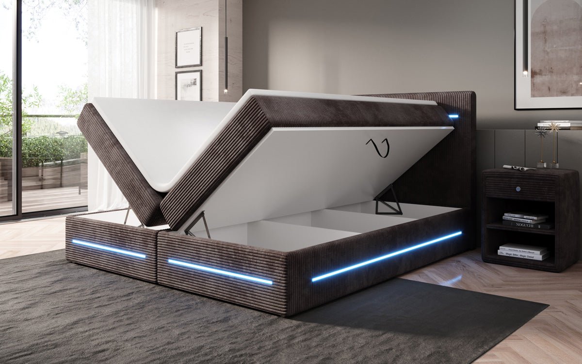 Boxspring bed Lara with storage and LED in corduroy