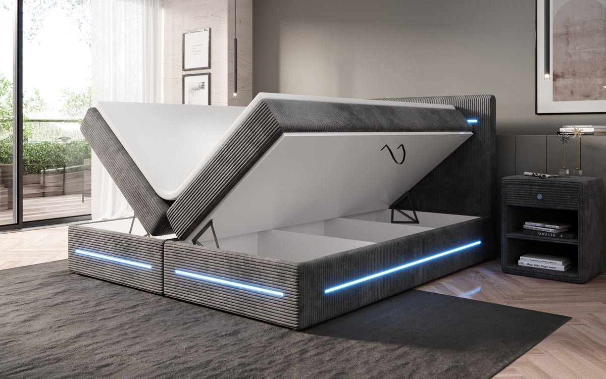 Boxspring bed Lara with storage and LED in corduroy