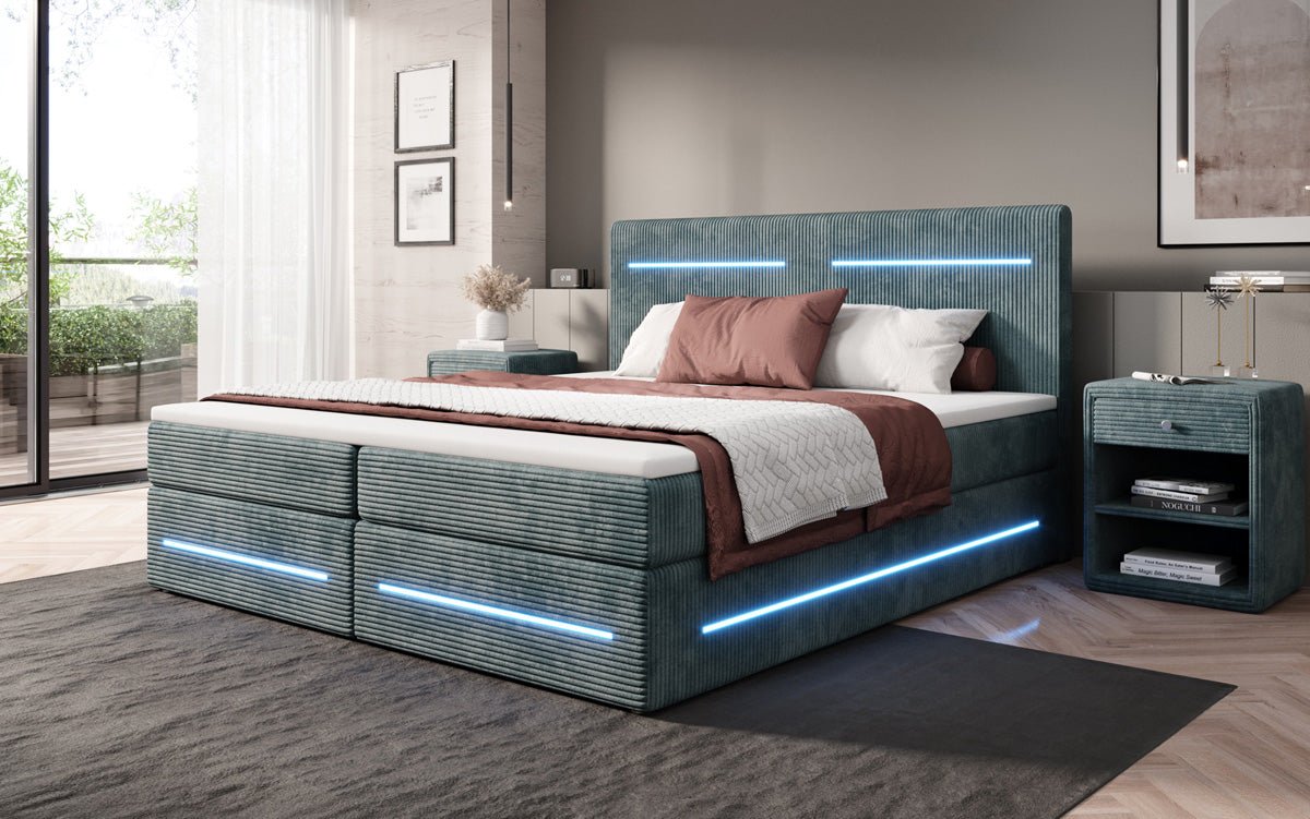 Boxspring bed Lara with storage and LED in corduroy