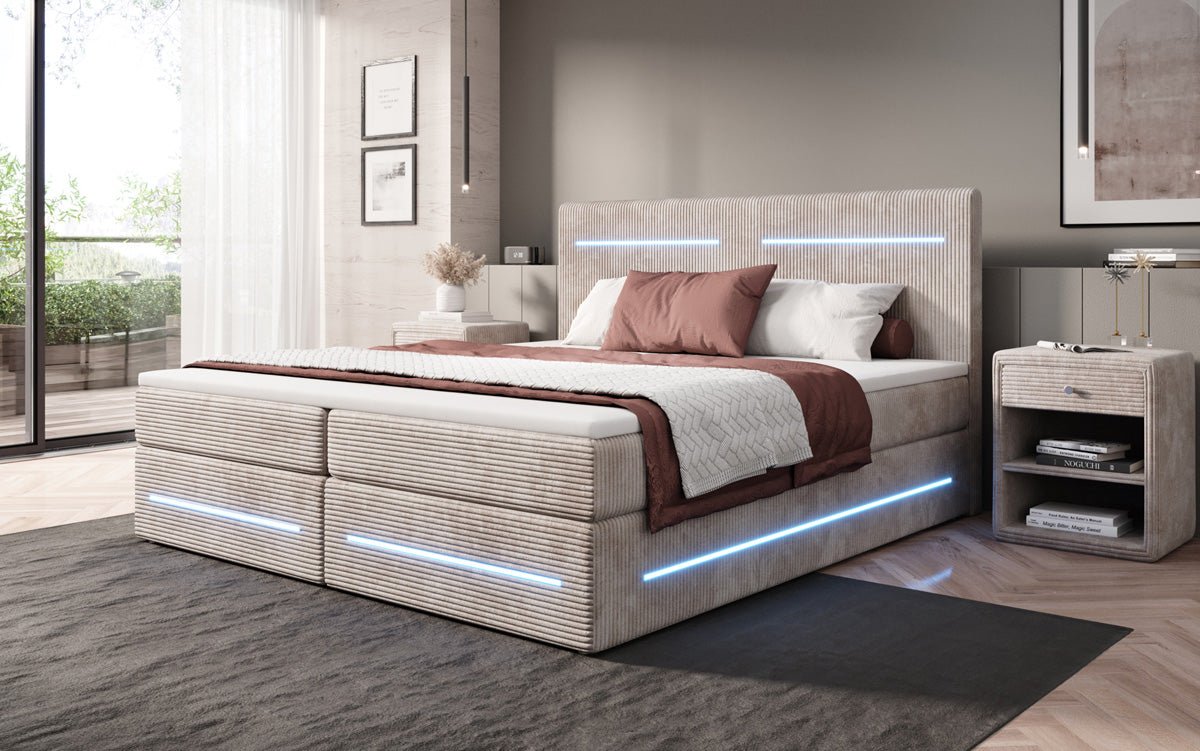Boxspring bed Lara with storage and LED in corduroy