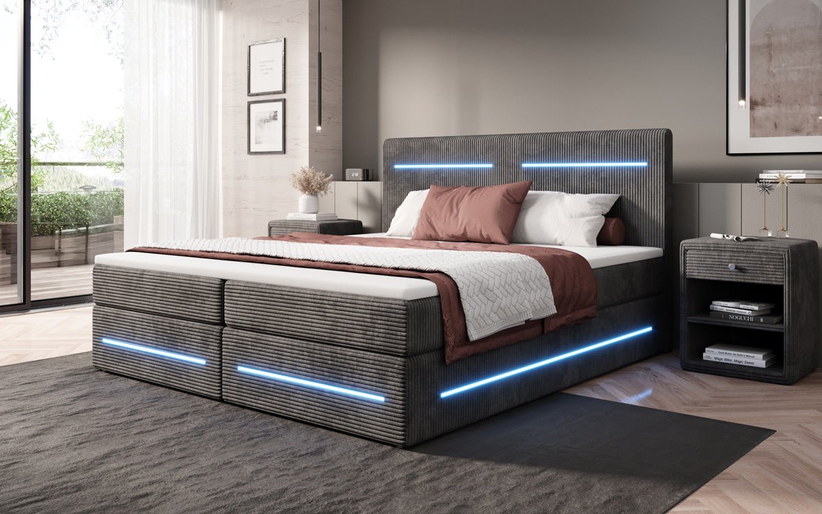 Boxspring bed Lara with storage and LED in corduroy